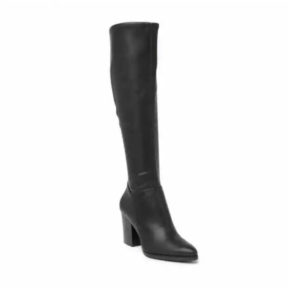 New Marc Fisher Black Faux Leather Stretch Knee High Heel Boots 8.5